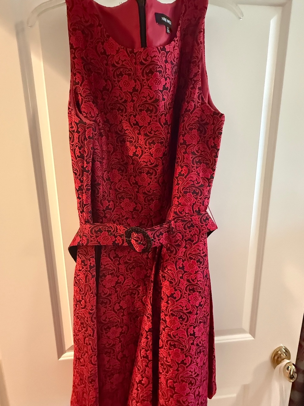 Nine West Red Floral Brocade Belted Midi Dress